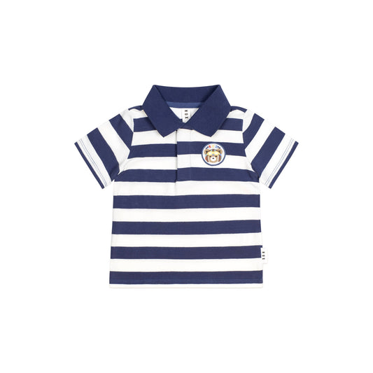 Navy and white striped polo shirt on a white background
