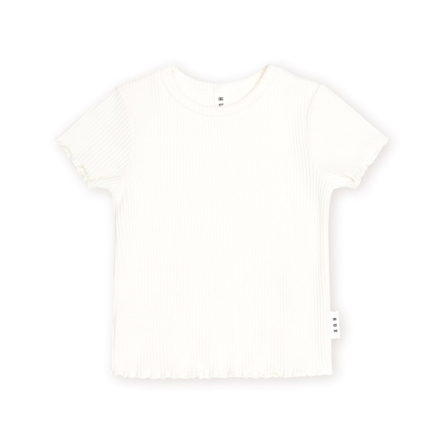 An off-white ribbed short-sleeve t-shirt with a ruffled hem, displayed flat against a solid white background.