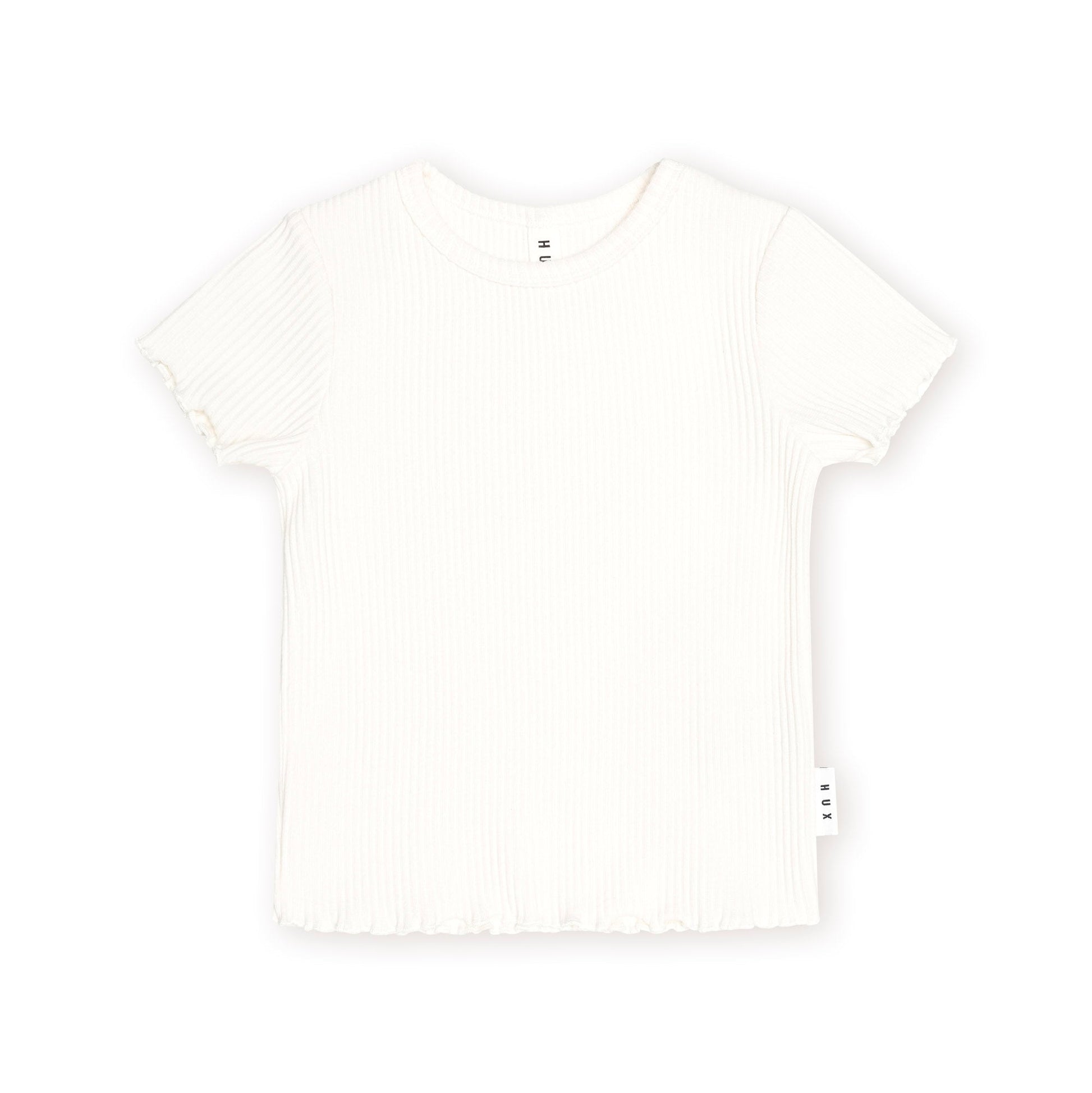 An off-white ribbed short-sleeve t-shirt with a ruffled hem, displayed flat against a solid white background.