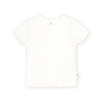 An off-white ribbed short-sleeve t-shirt with a ruffled hem, displayed flat against a solid white background.