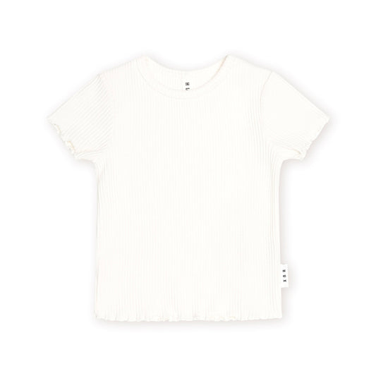 An off-white ribbed short-sleeve t-shirt with a ruffled hem, displayed flat against a solid white background.