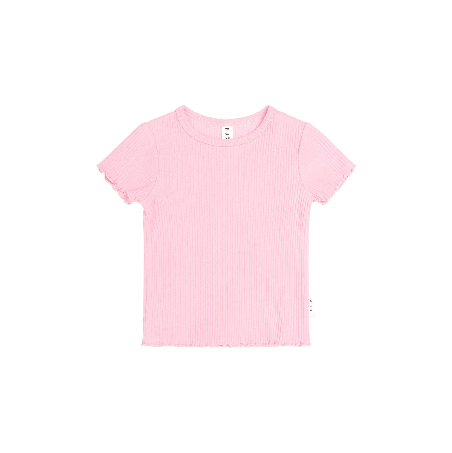 A light pink short-sleeve ribbed knit top with a crew neck and raw, frayed edges, shown flat against a solid white background.