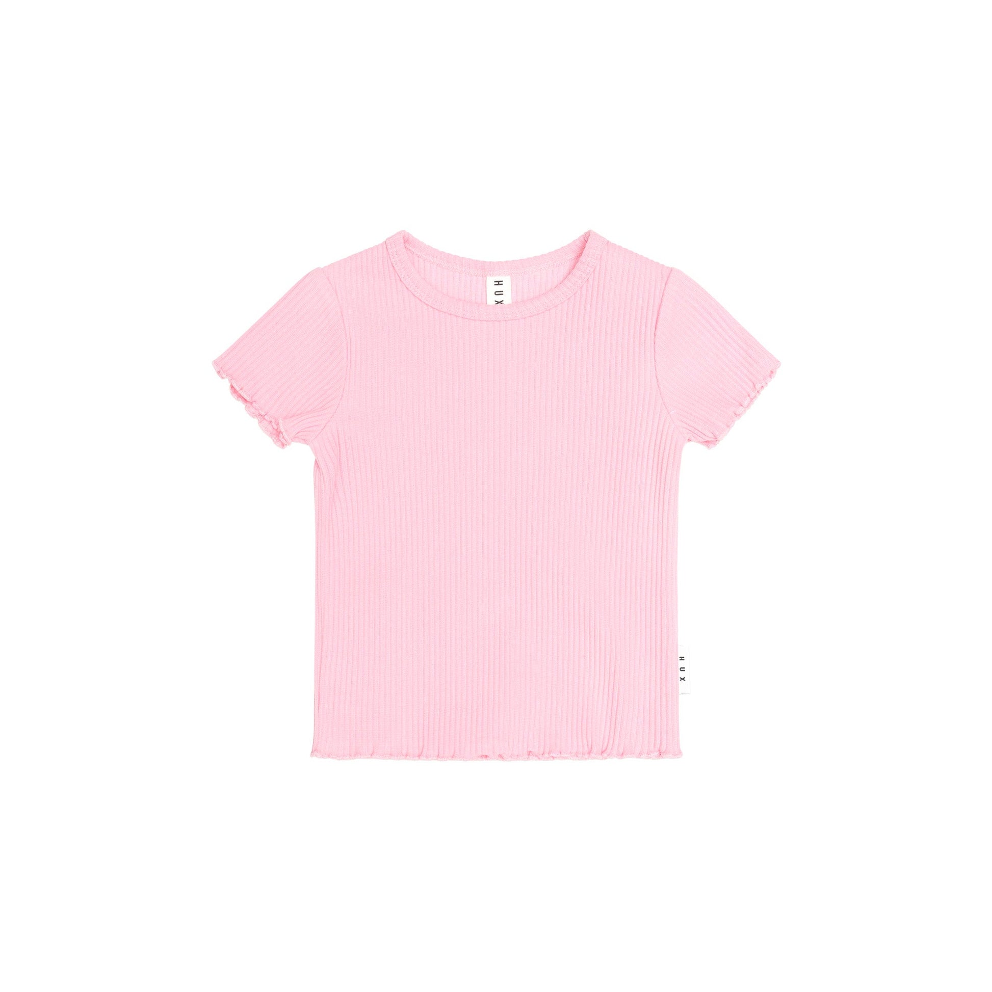 A light pink short-sleeve ribbed knit top with a crew neck and raw, frayed edges, shown flat against a solid white background.