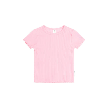 A light pink short-sleeve ribbed knit top with a crew neck and raw, frayed edges, shown flat against a solid white background.