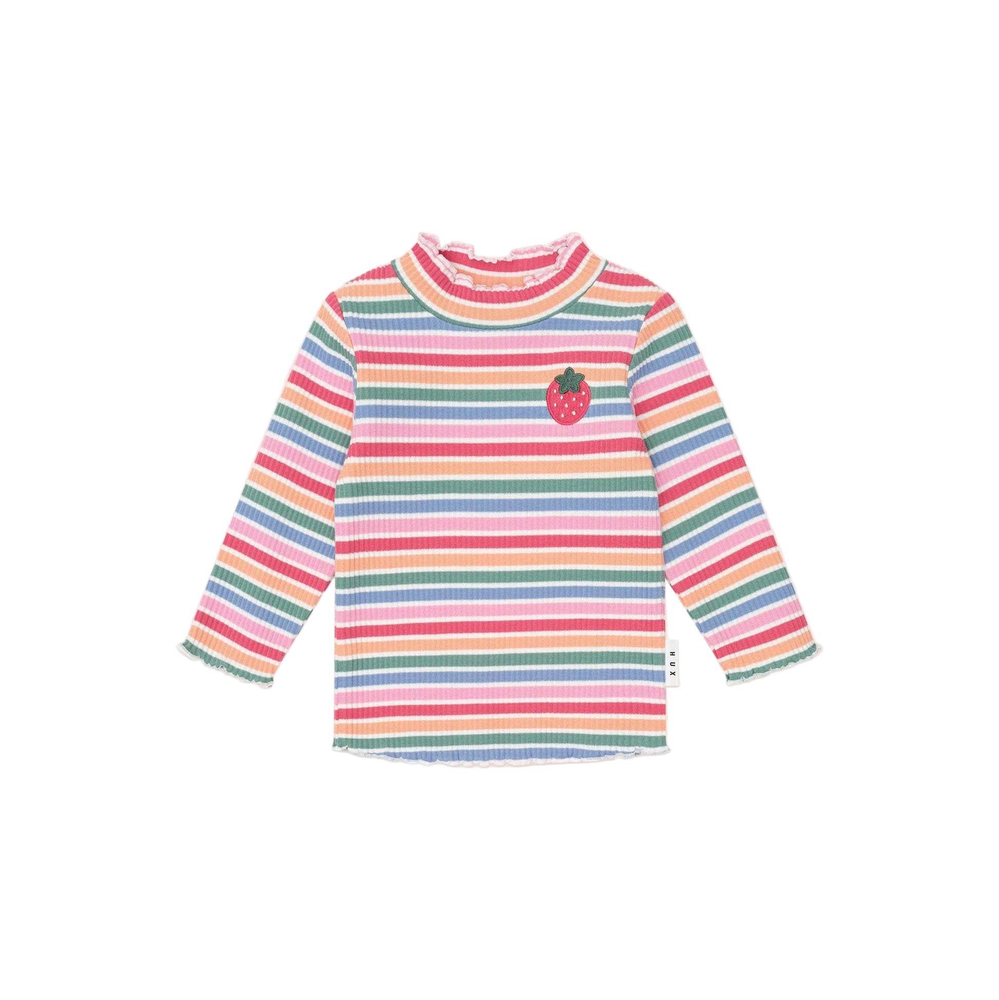Multicolored striped shirt with a small apple design on a light pink background