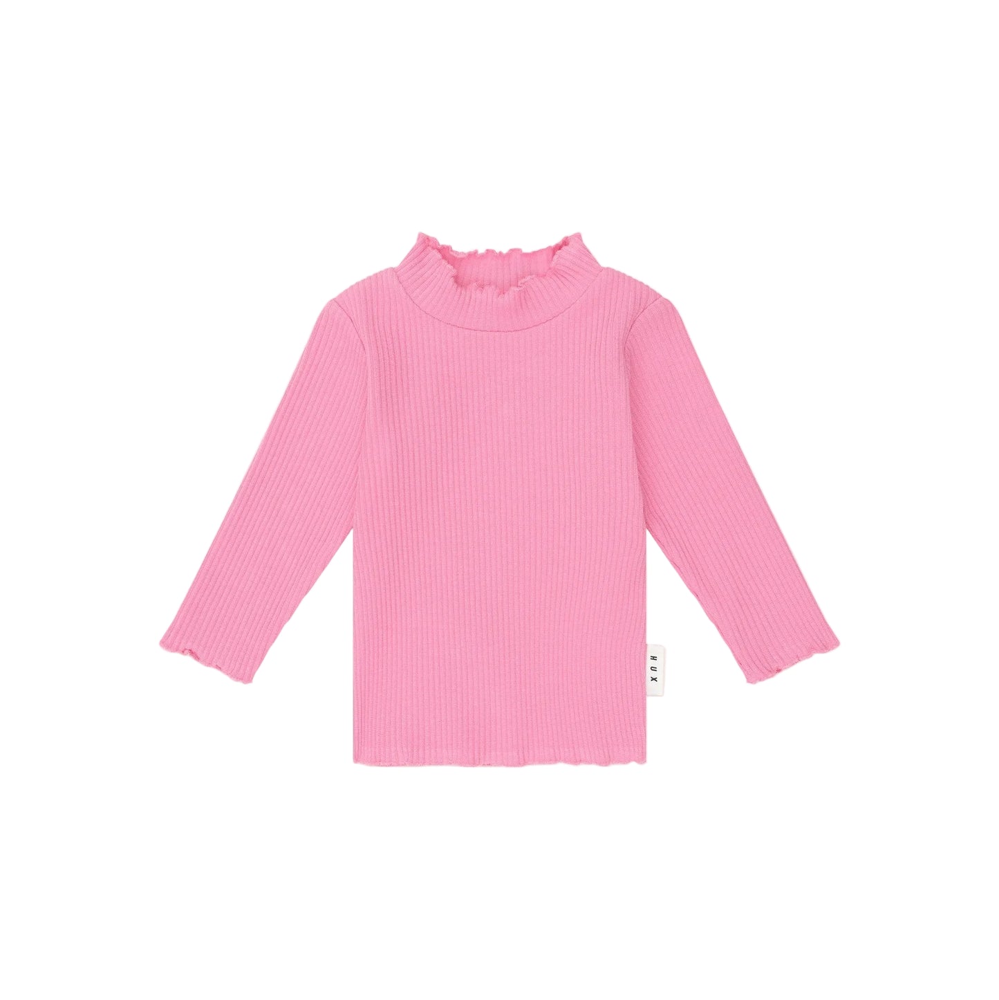 Pink ribbed long-sleeve top on a light pink background