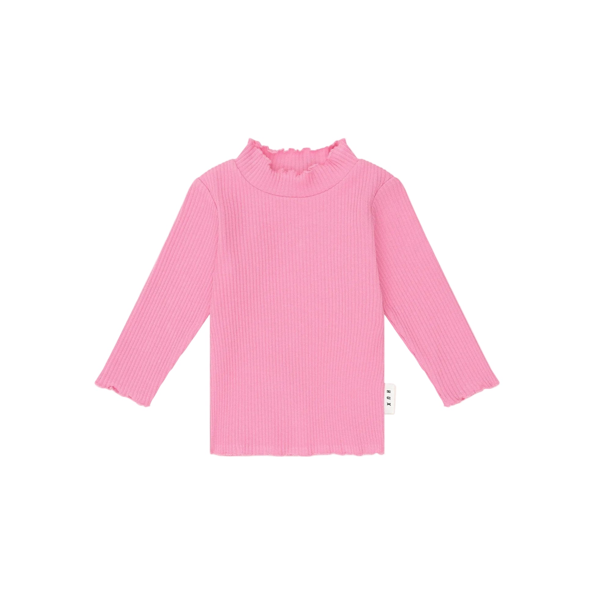 Pink ribbed long-sleeve top on a light pink background