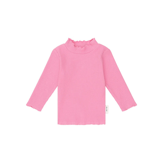 Pink ribbed long-sleeve top on a light pink background
