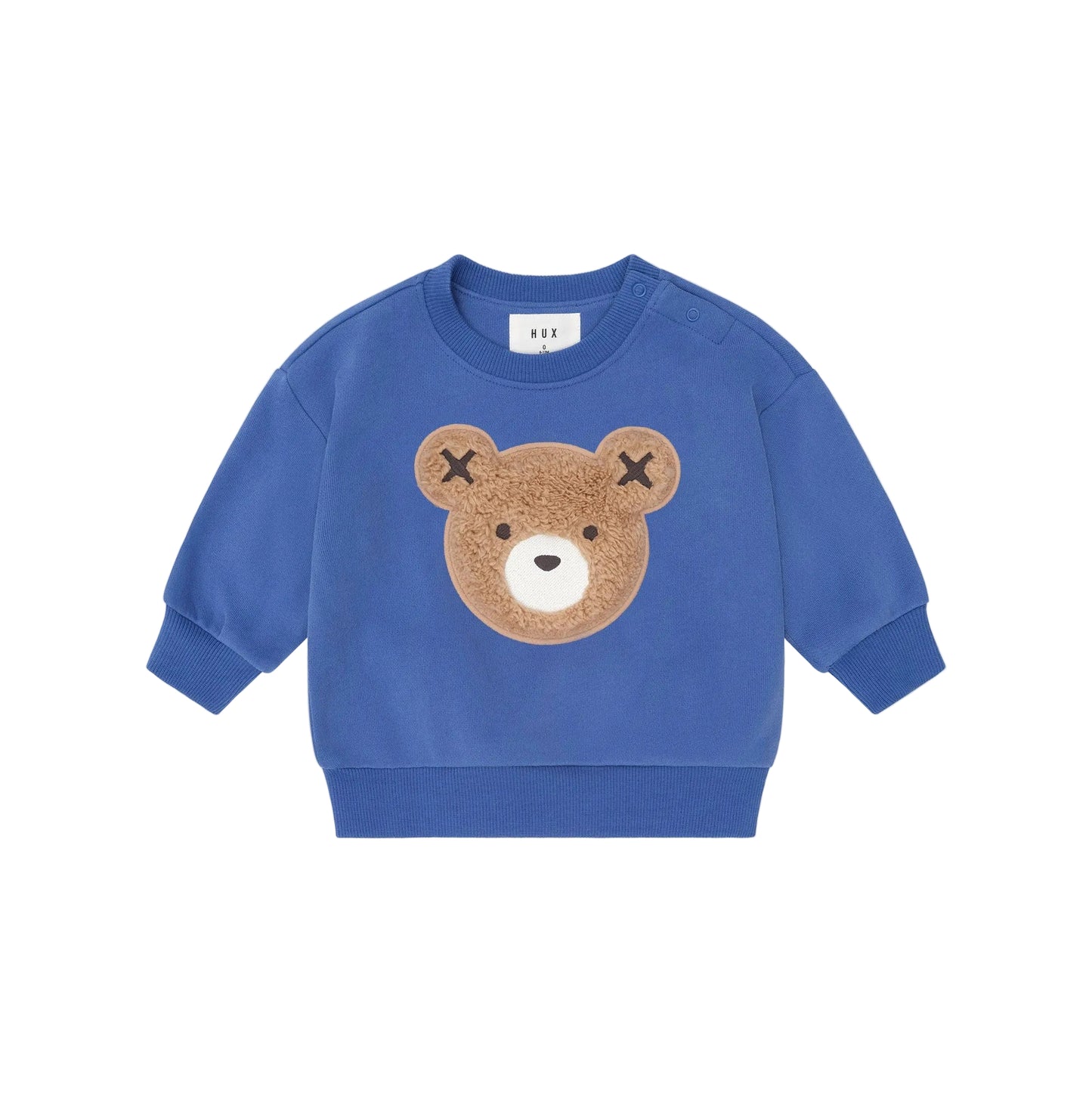 Blue children's sweatshirt with a bear face design on a beige background