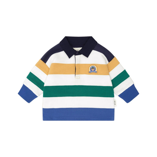 Colorful striped polo shirt on a beige background