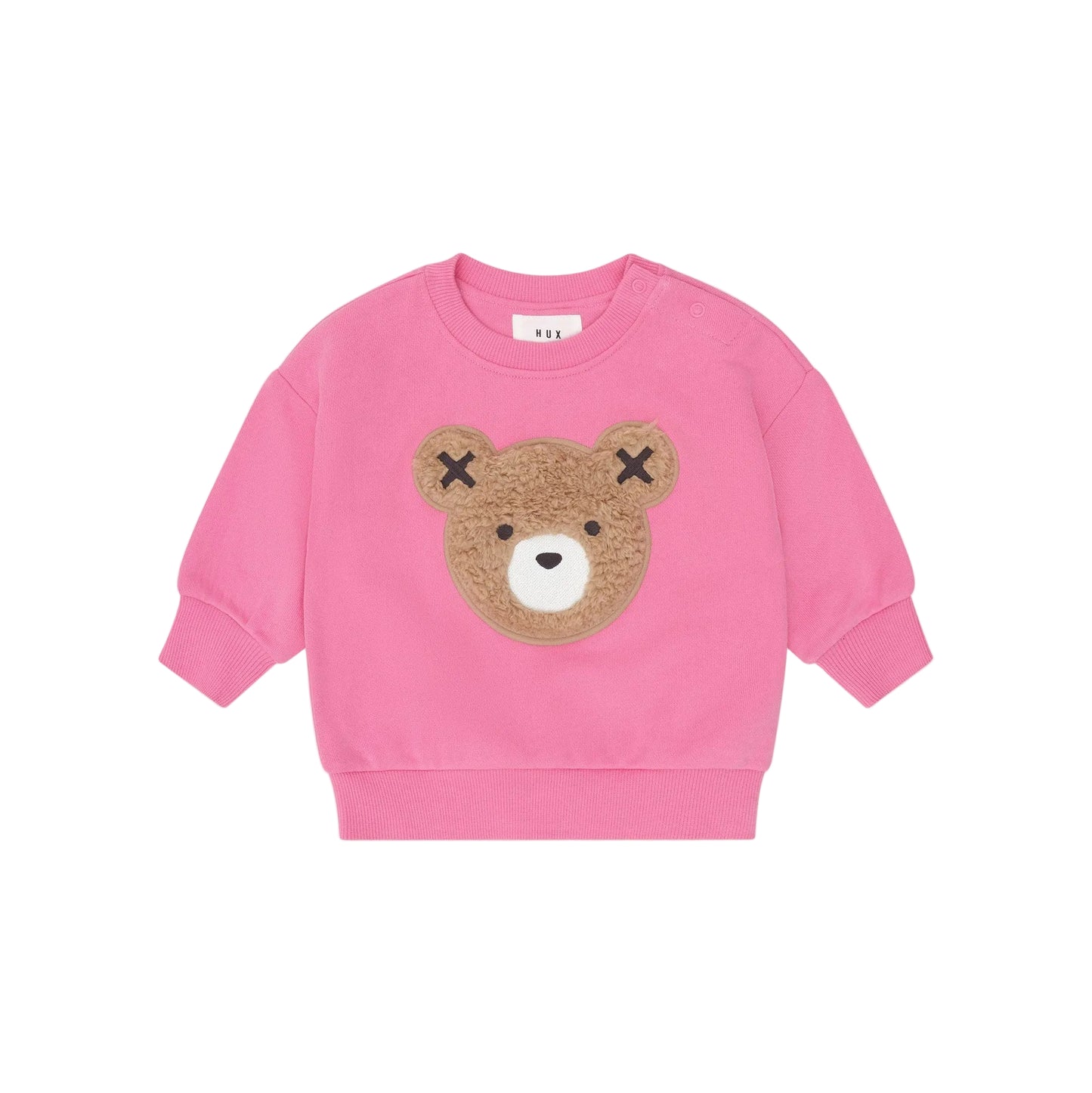 Pink sweatshirt with a bear face design on a light pink background