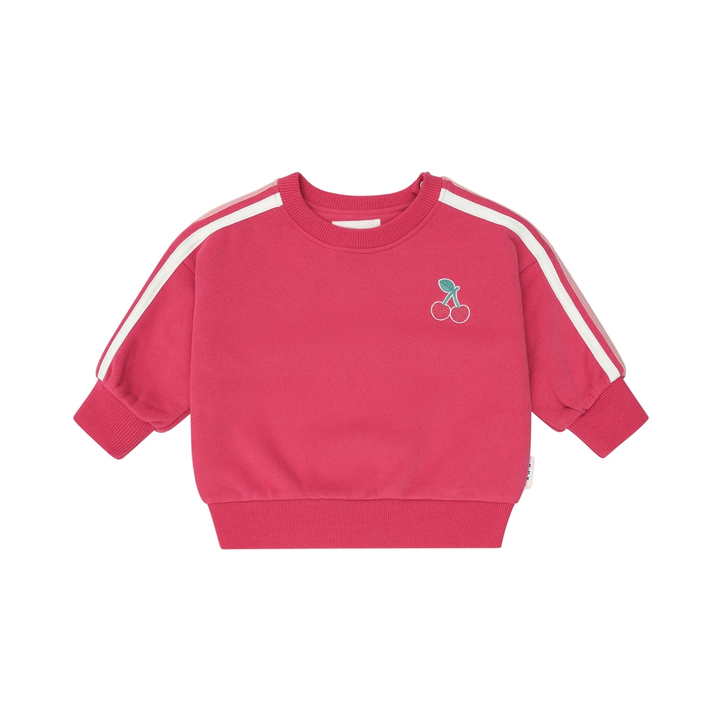 Pink sweatshirt with white stripes on sleeves against a light pink background