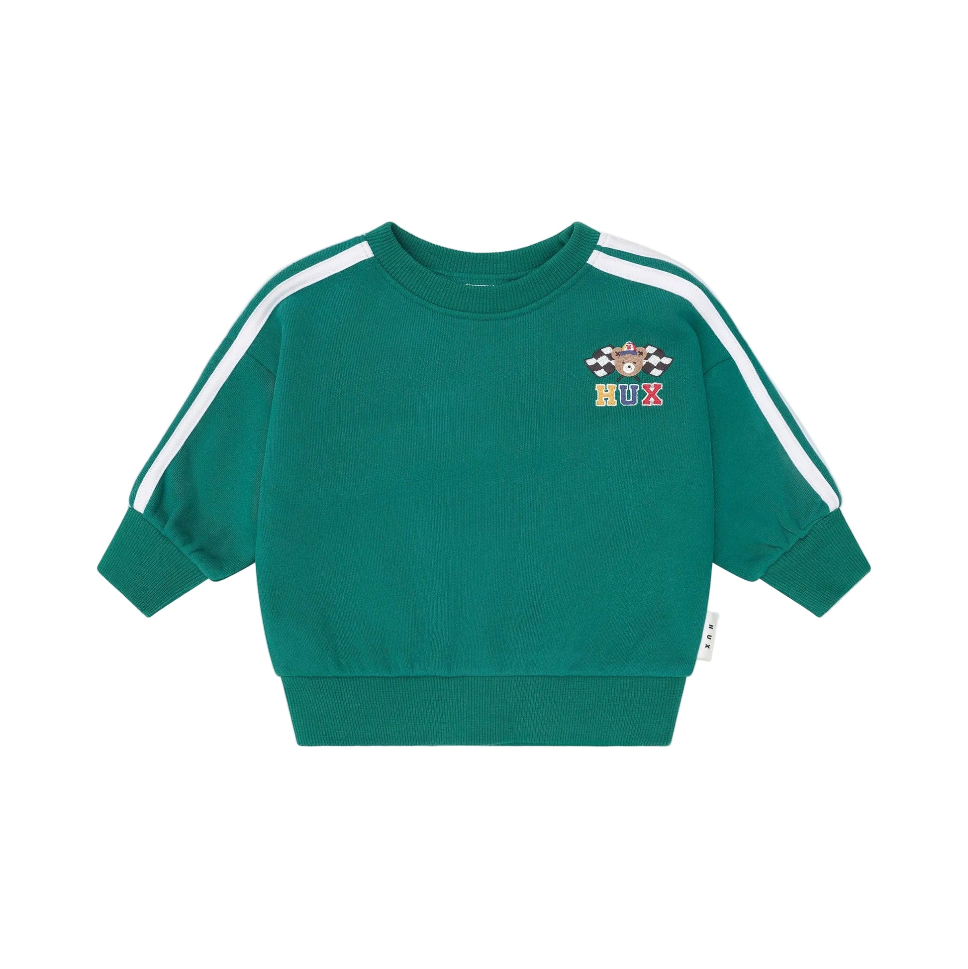 Green sweatshirt with white stripes on sleeves and colorful logo on a beige background