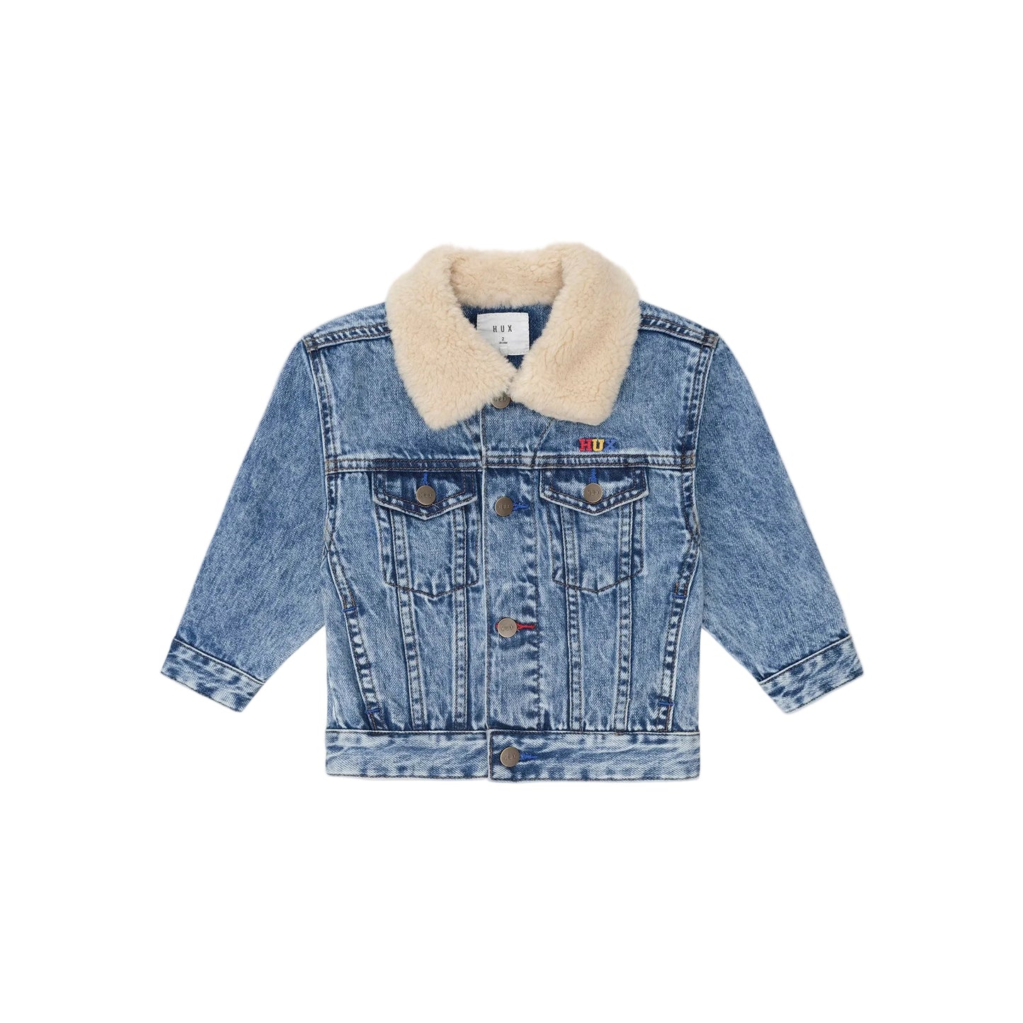 Blue denim jacket with beige fur collar on a white background