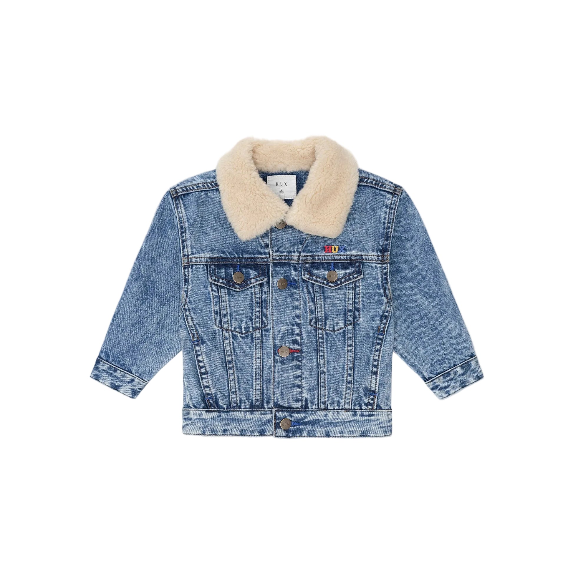 Blue denim jacket with beige fur collar on a white background