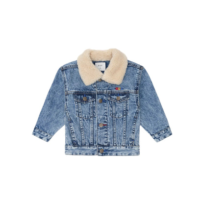 Blue denim jacket with beige fur collar on a white background