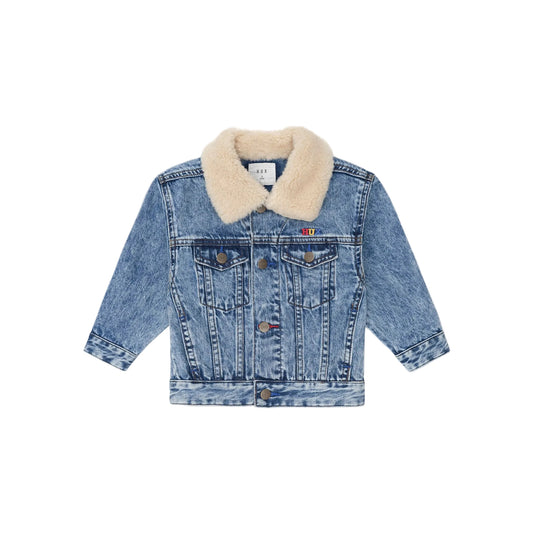 Blue denim jacket with beige fur collar on a white background