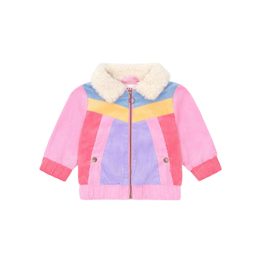 Colorful children's jacket with a white fur-lined hood on a light beige background