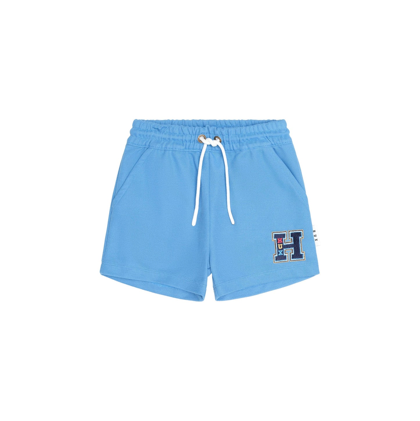 Light blue athletic shorts with a white drawstring and a small embroidered letter H logo on the left leg, displayed on a solid white background.