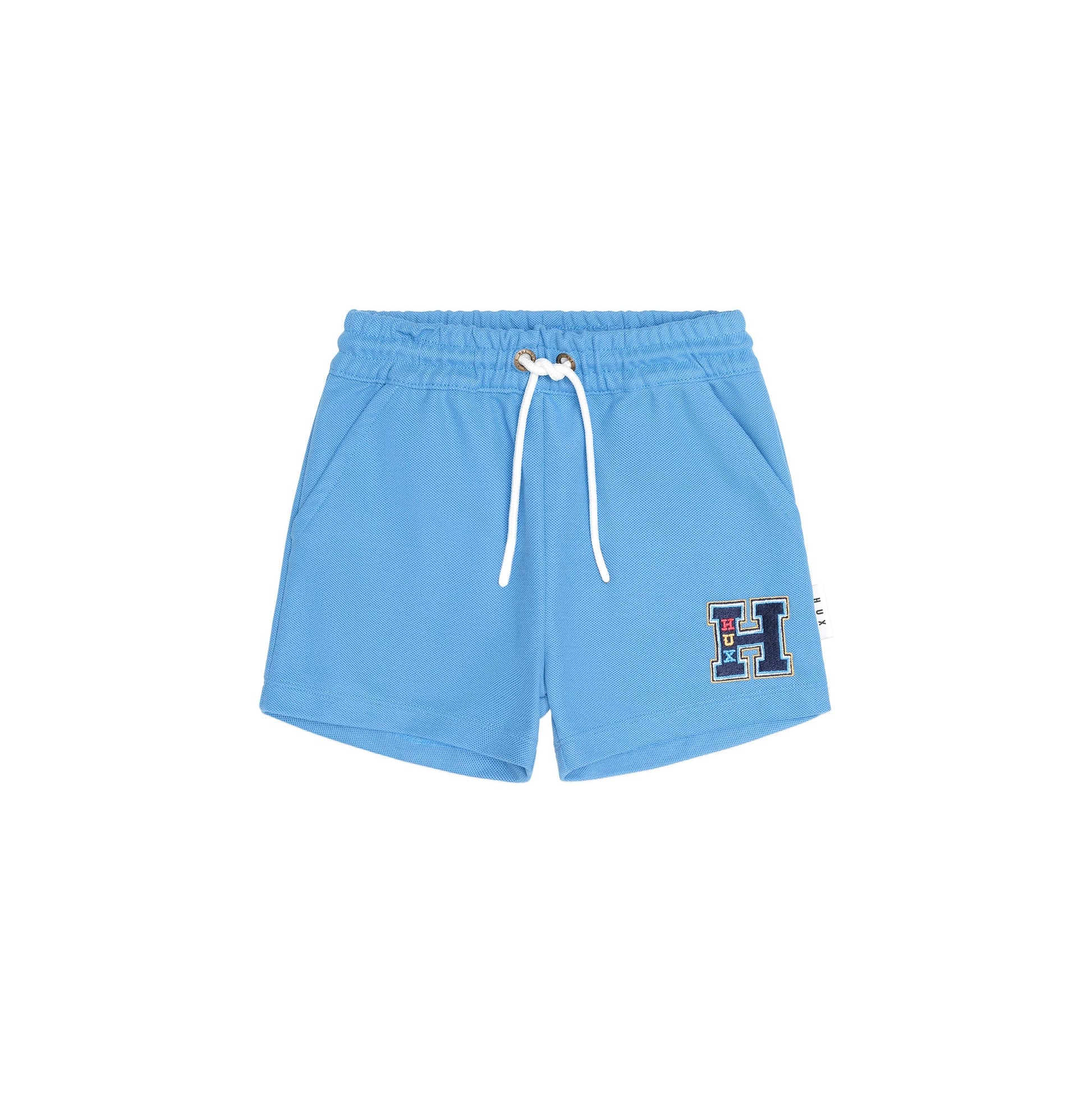 Light blue athletic shorts with a white drawstring and a small embroidered letter H logo on the left leg, displayed on a solid white background.