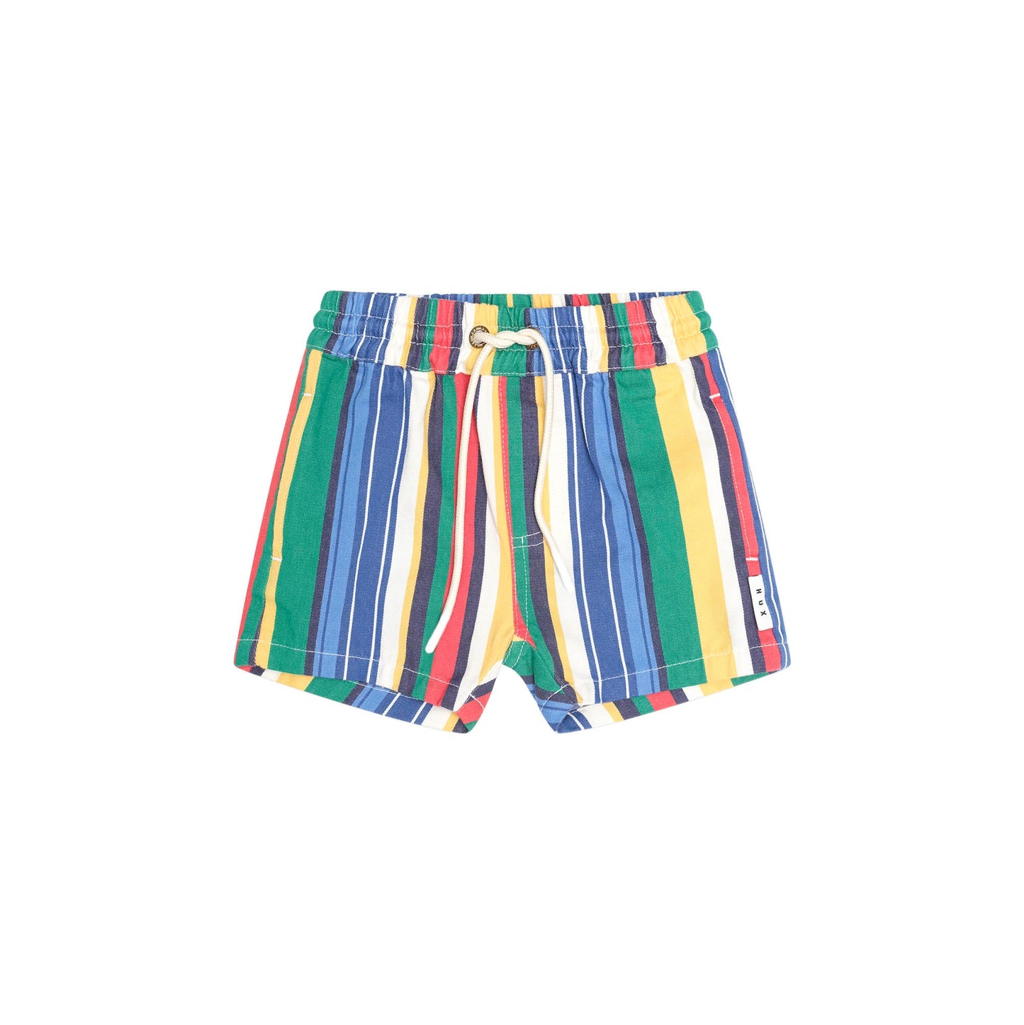 A pair of colorful striped swim trunks with vertical bands of green, blue, yellow, red, and white, featuring a drawstring waist and a small white Tommy Hilfiger flag logo on the side.