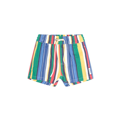 A pair of colorful striped swim trunks with vertical bands of green, blue, yellow, red, and white, featuring a drawstring waist and a small white Tommy Hilfiger flag logo on the side.