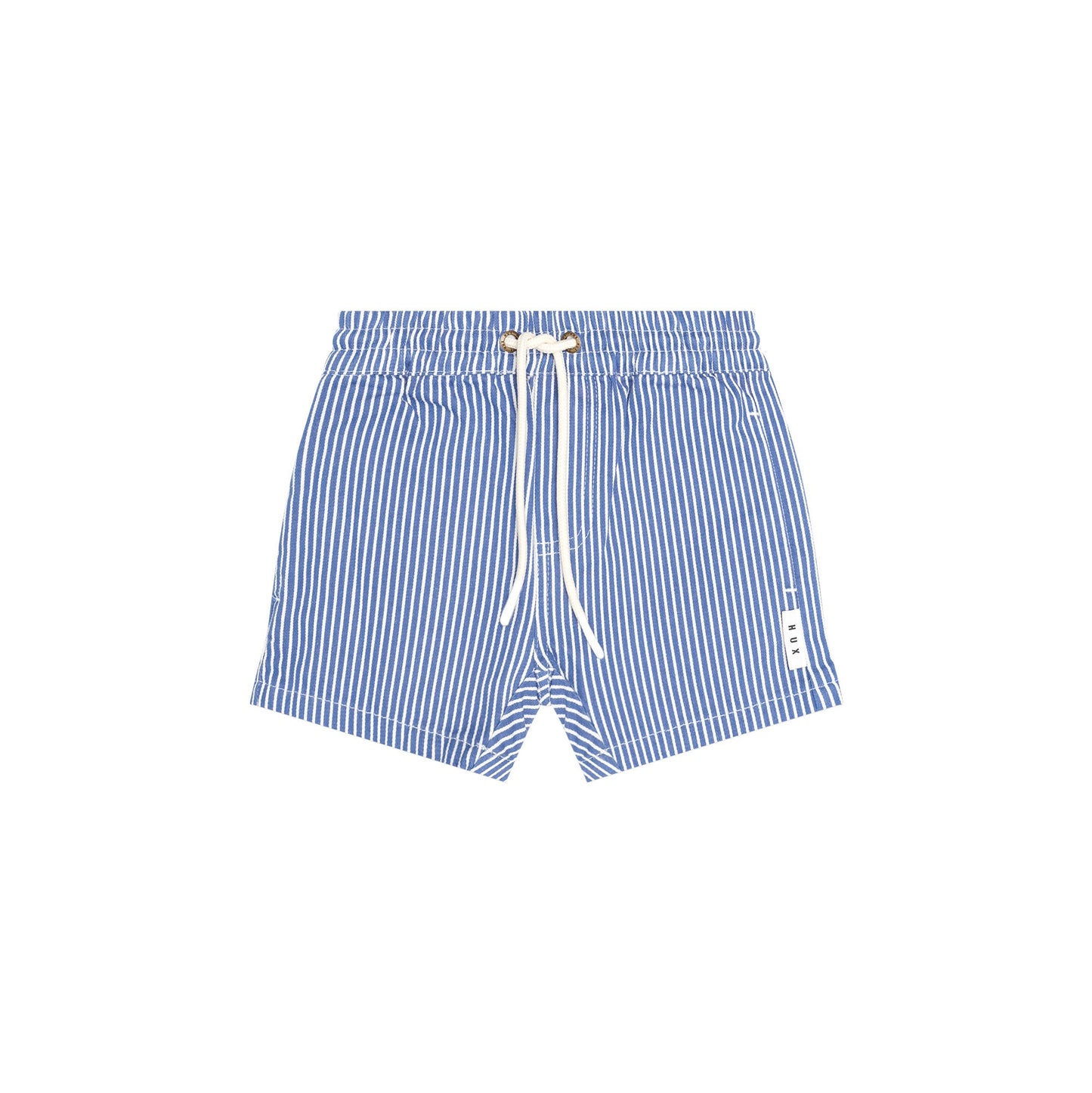 Blue and white vertically striped swim trunks with a white drawstring, shown flat on a white background.