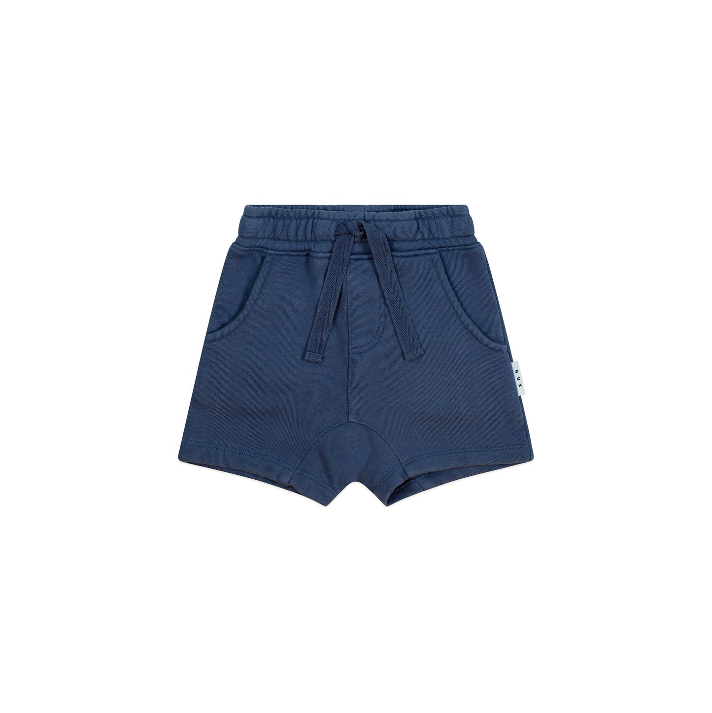 Navy blue shorts with a drawstring on a white background