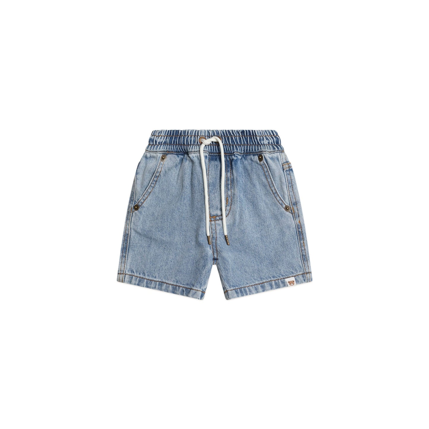 Light blue denim shorts with a drawstring on a white background