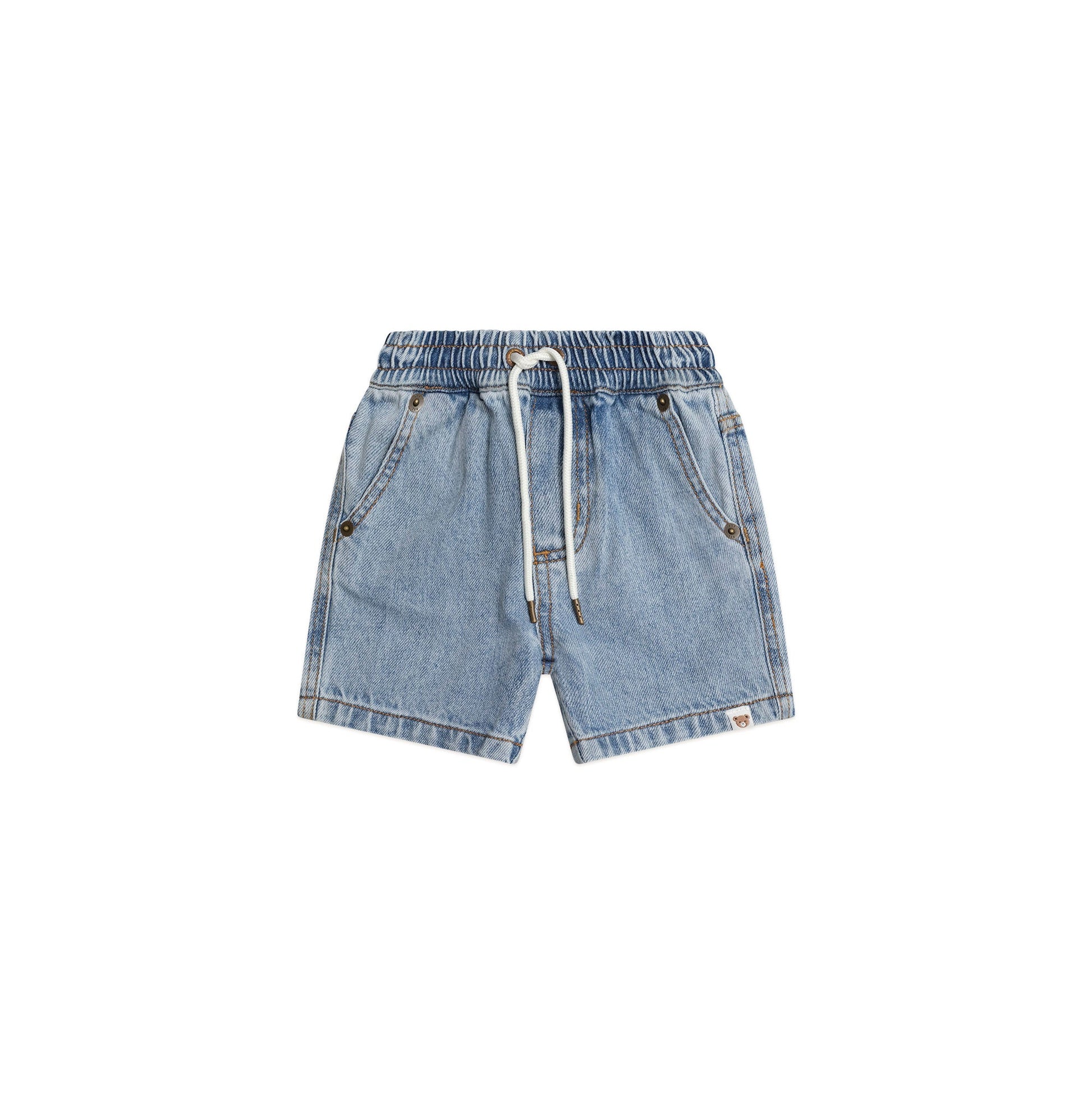 Light blue denim shorts with a drawstring on a white background