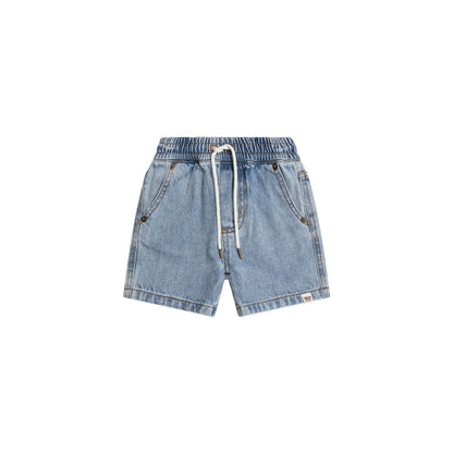 Light blue denim shorts with a drawstring on a white background