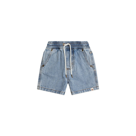 Light blue denim shorts with a drawstring on a white background