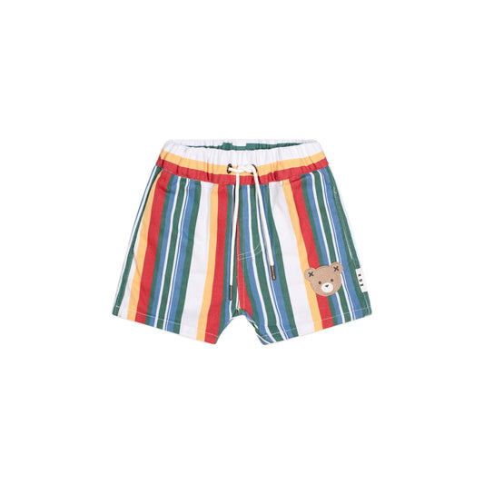 Multicolored striped shorts with a bear emblem on a white background