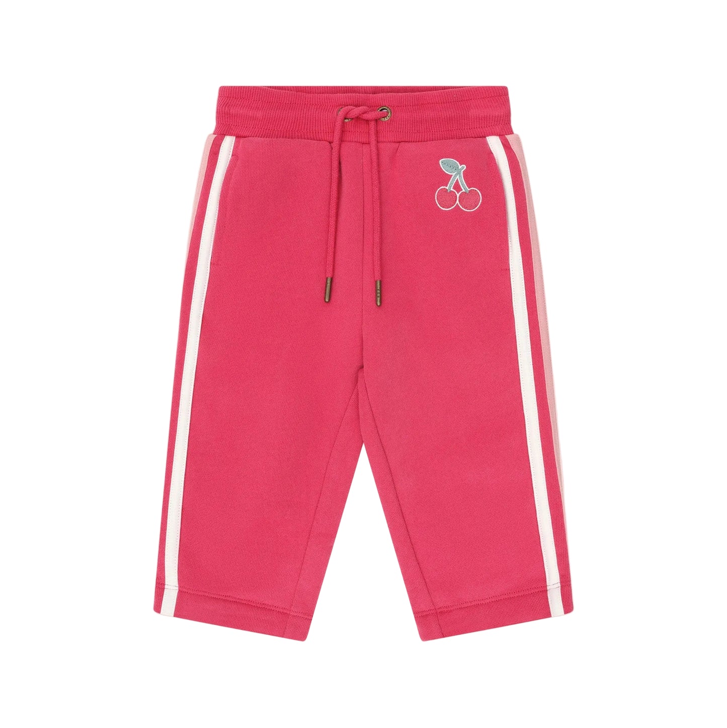 Pink sweatpants with white stripes on a light pink background