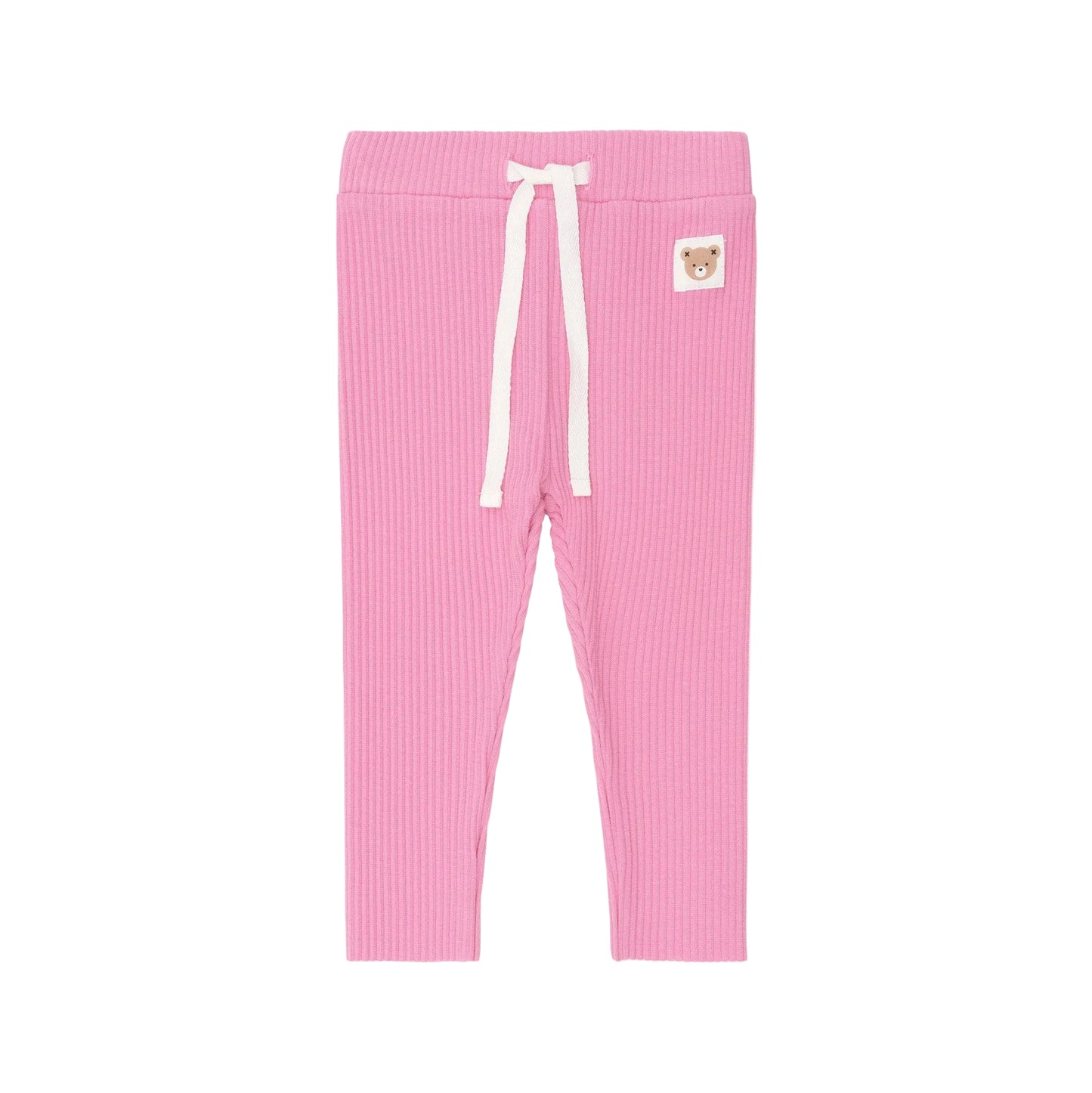 Pink ribbed leggings with a white drawstring on a light pink background
