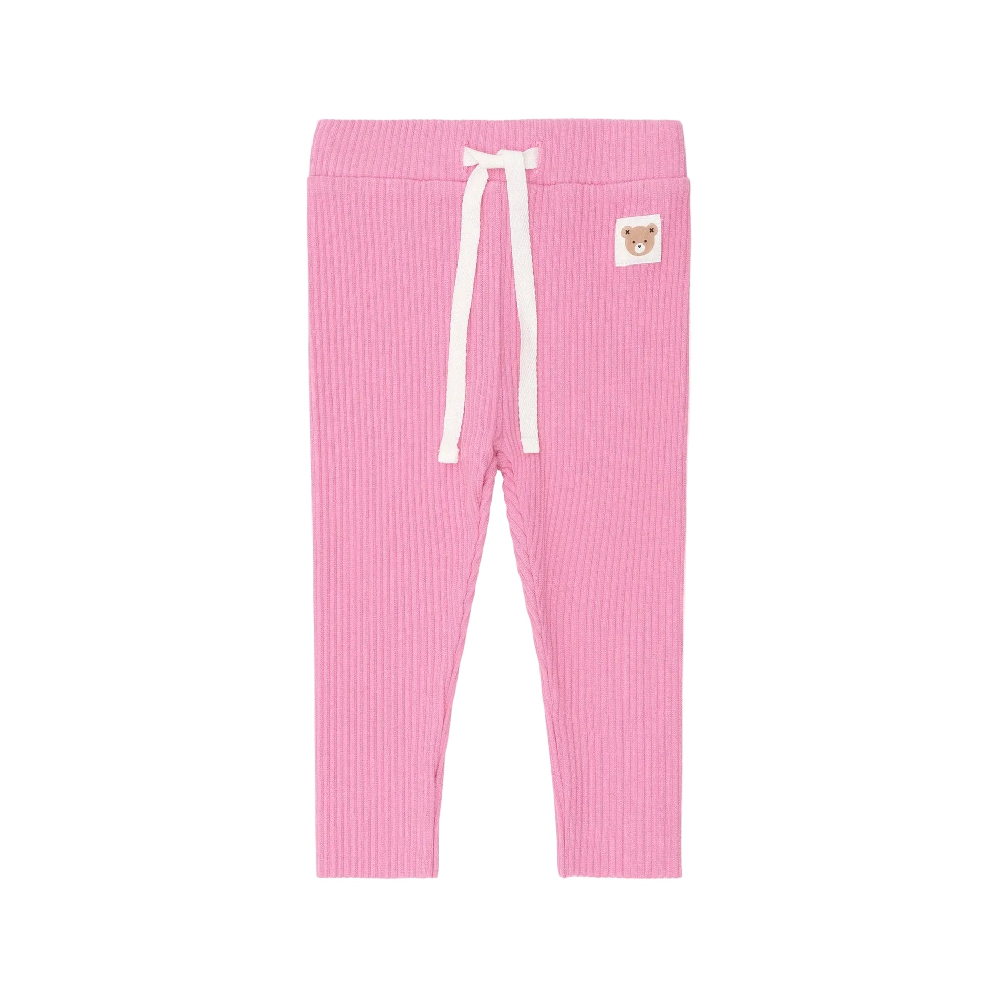 Pink ribbed leggings with a white drawstring on a light pink background