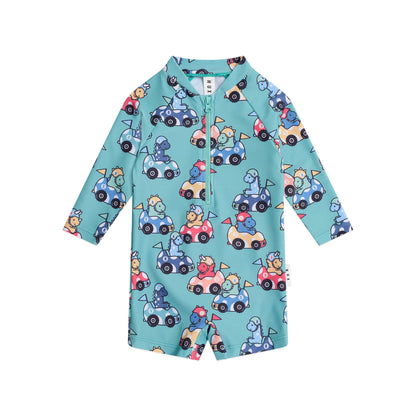 Children's shirt with car and animal pattern on a light blue background