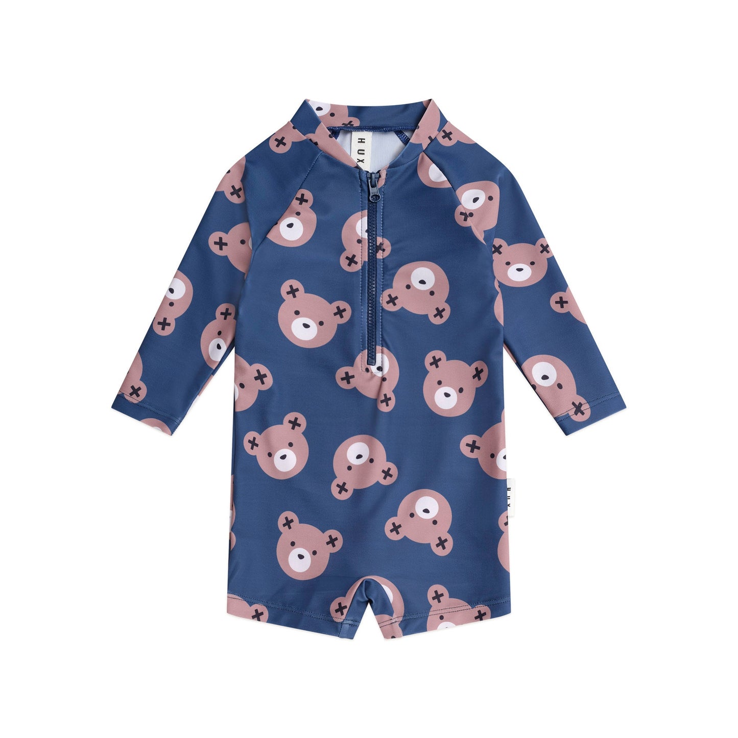 Blue children's swimsuit with bear pattern on a white background
