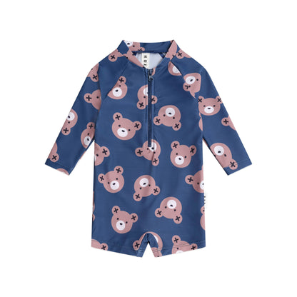 Blue children's swimsuit with bear pattern on a white background