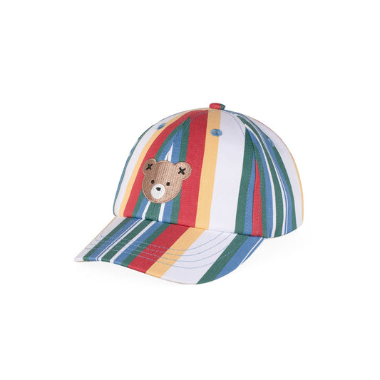 Colorful striped cap with a teddy bear emblem on a white background