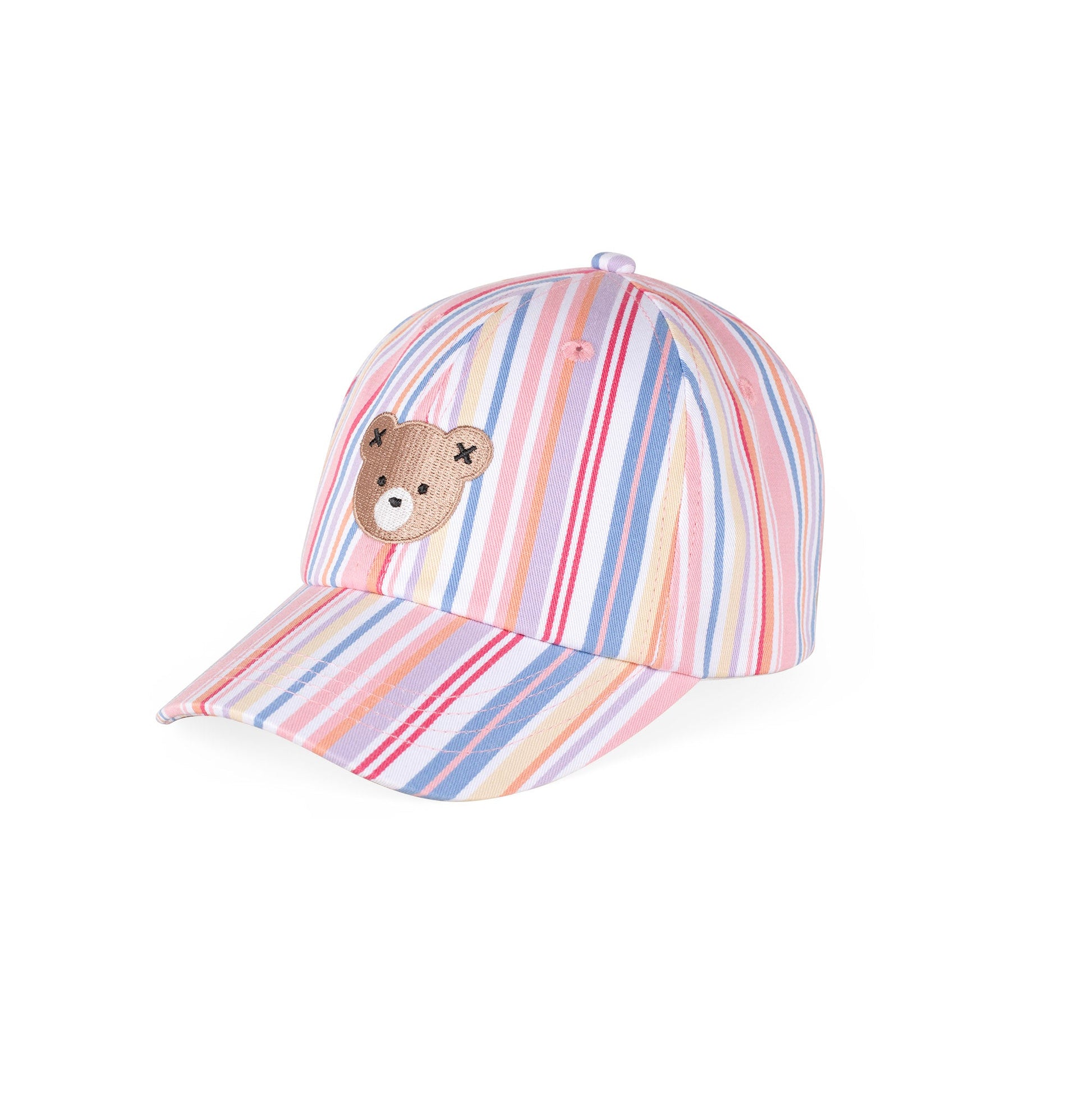 Striped baseball cap with a teddy bear emblem on a white background