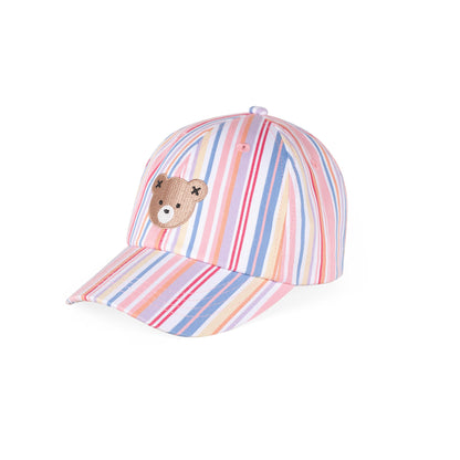 Striped baseball cap with a teddy bear emblem on a white background