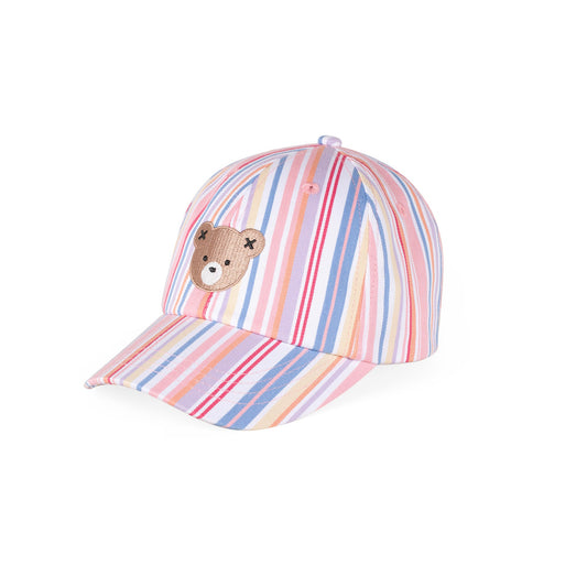 Striped baseball cap with a teddy bear emblem on a white background