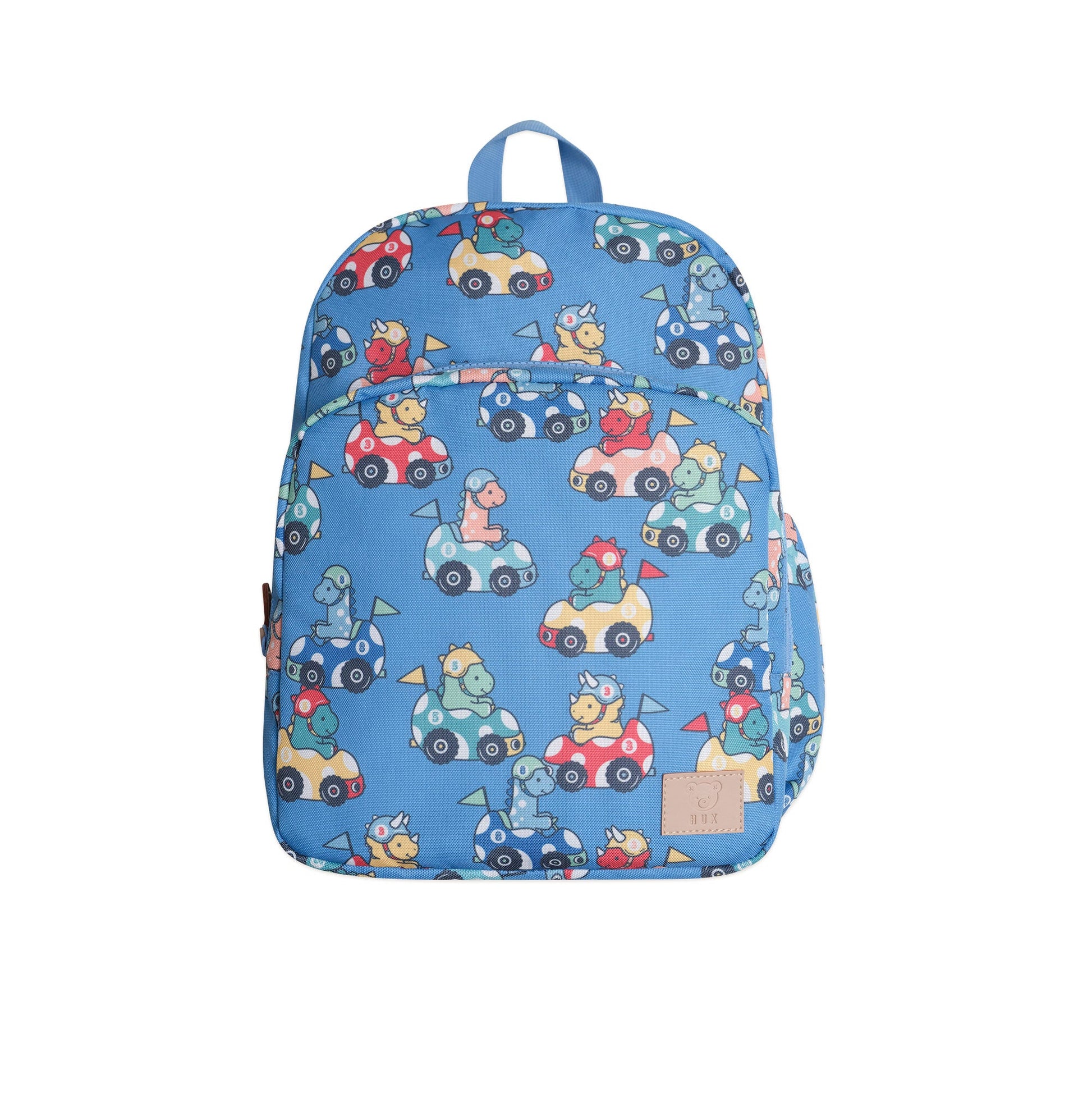 Children's backpack with cartoon character and car pattern on a blue background