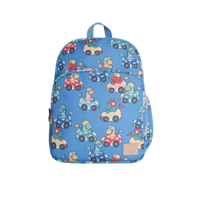 Children's backpack with cartoon character and car pattern on a blue background