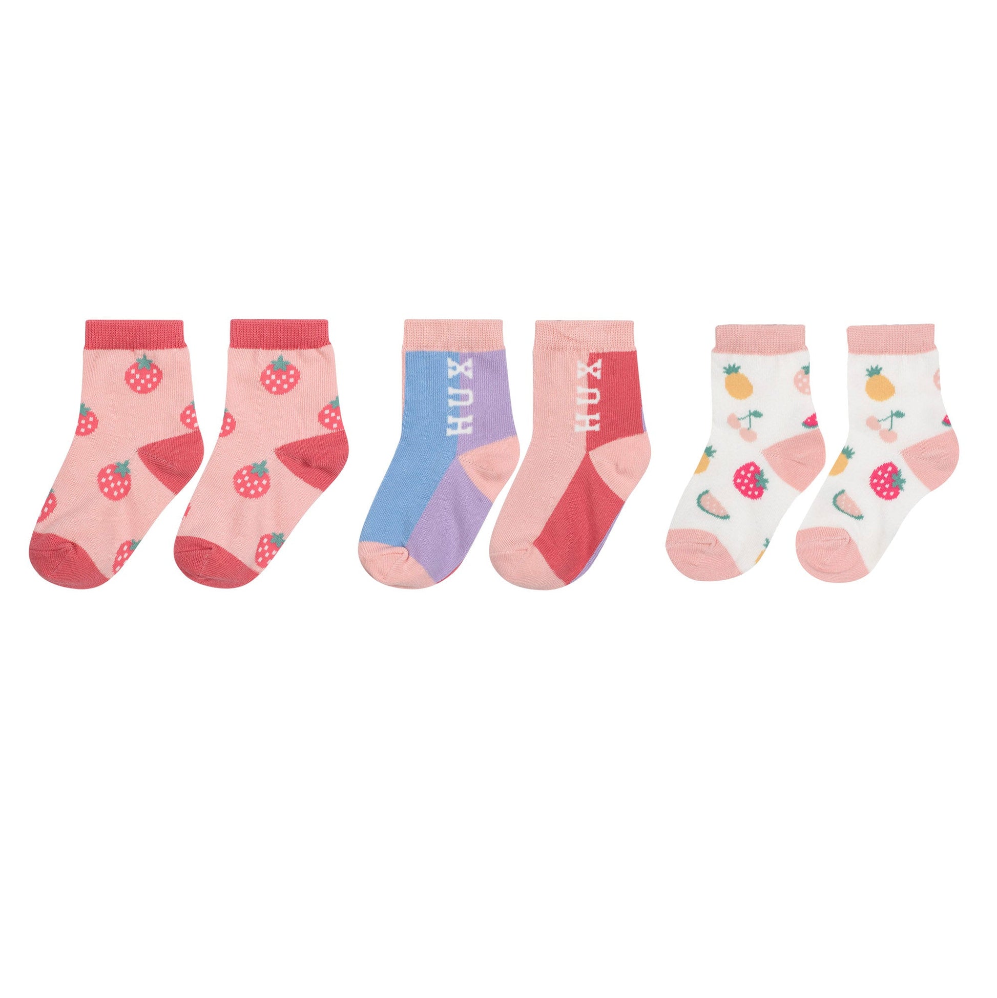 Set of colorful children's socks with various patterns on a white background