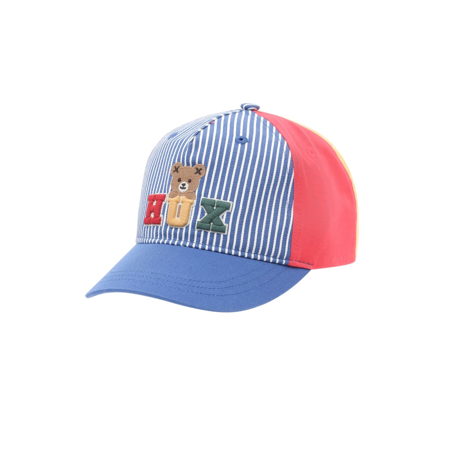 A children's baseball cap with a blue and white striped front panel, a solid coral-pink back panel, and a blue brim. The front features a teddy bear patch with the letters 'B', 'U', and 'X' in red, brown, and green.