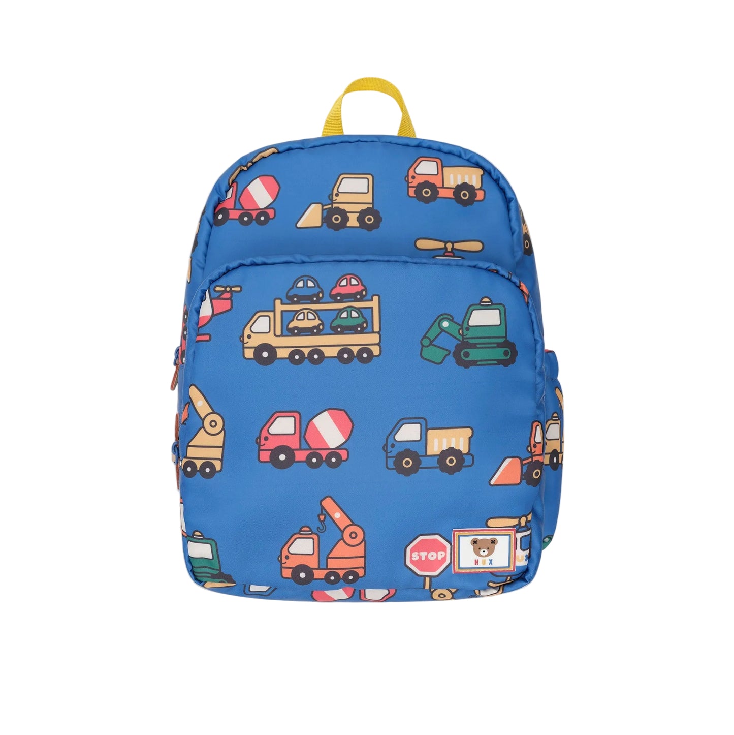 Blue children's backpack with vehicle pattern on a white background