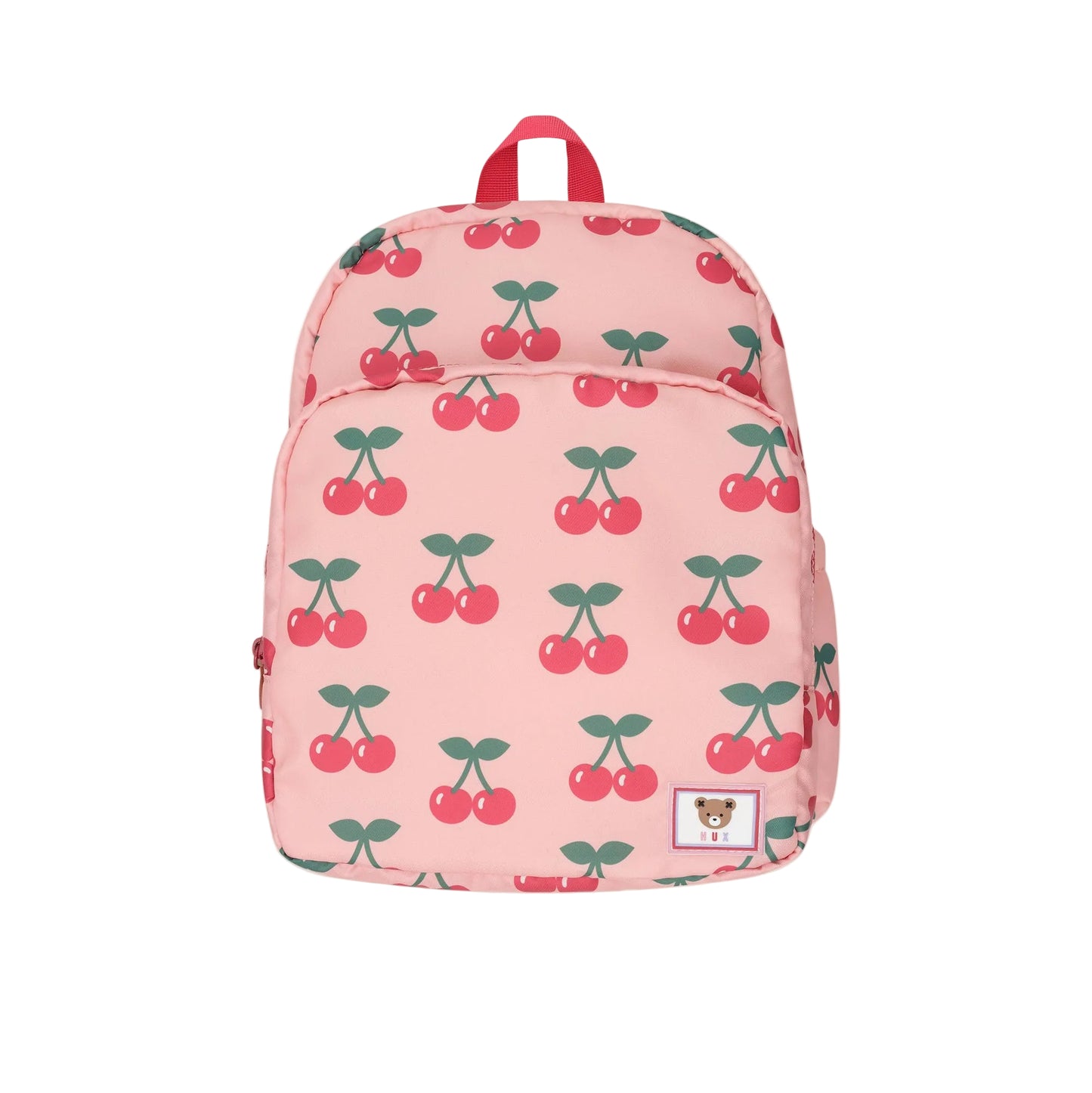 Pink backpack with cherry pattern on a white background