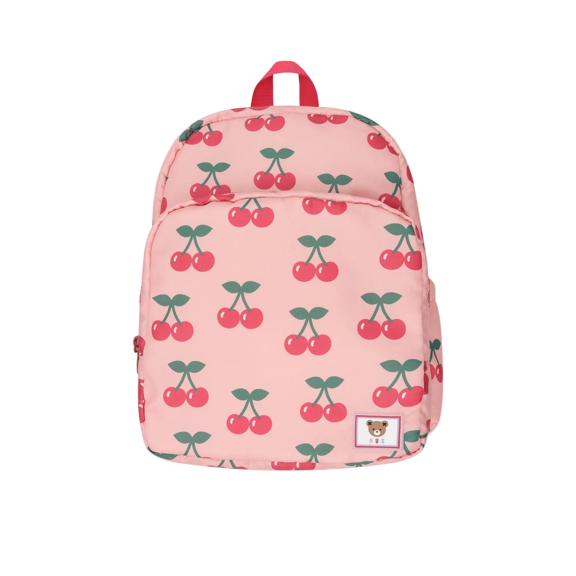 Pink backpack with cherry pattern on a white background
